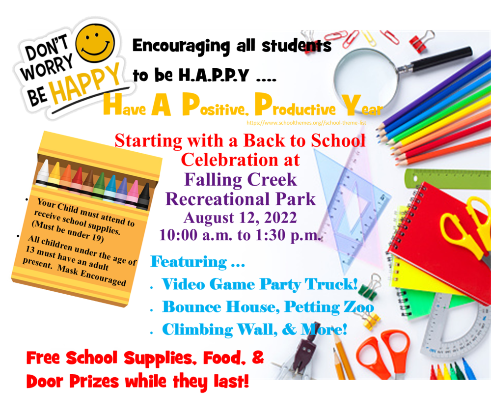 Back to School Event Flyer that has a box of crayon and other school supplies. It provides information where and what time the event is. It also tell what will be offered. 