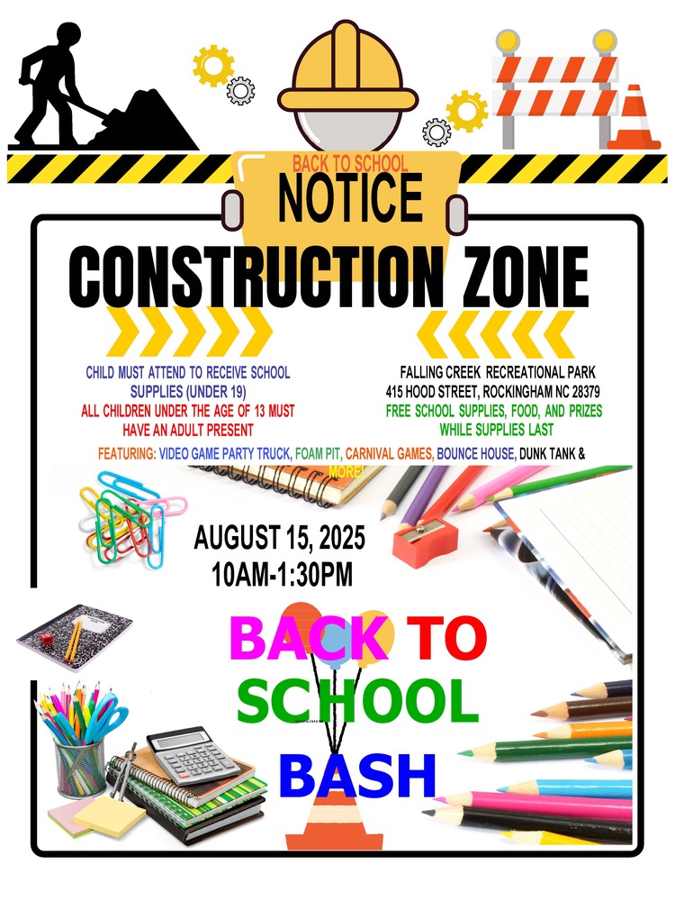 Back to School flyer with construction symbols and school supplies displayed. 